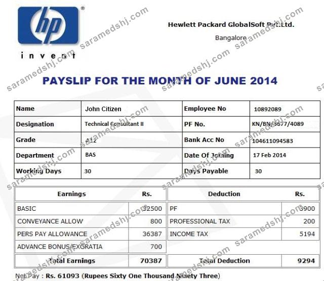 HP HEWLETT Packard GlobalSoft Pvt.Ltd payslip in Word and PDF formats